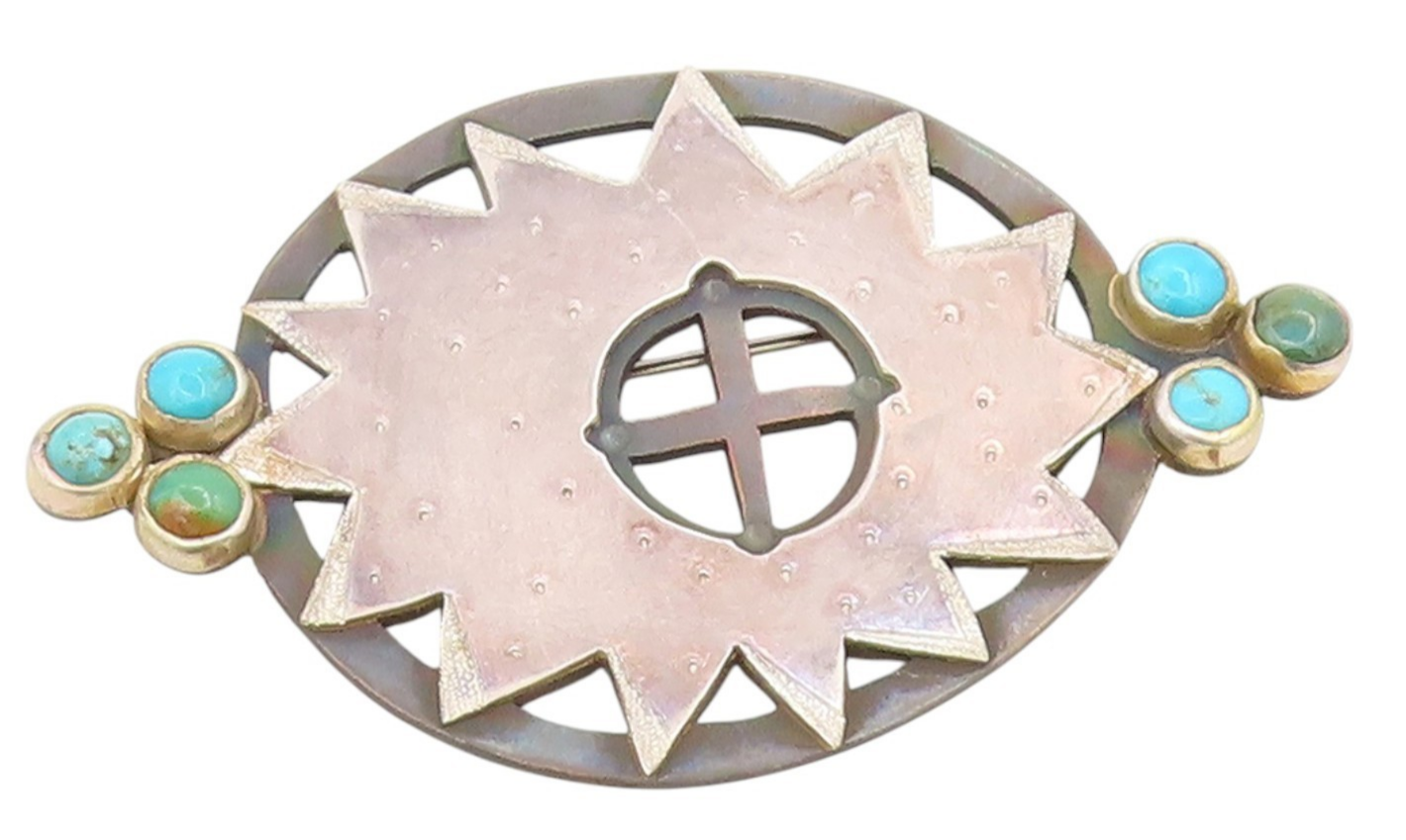 925 Sterling Silver Vintage Brooch Pin PAT GARRETT Turquoise Sunburst  BP12218