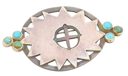 925 Sterling Silver Vintage Brooch Pin PAT GARRETT Turquoise Sunburst  BP12218
