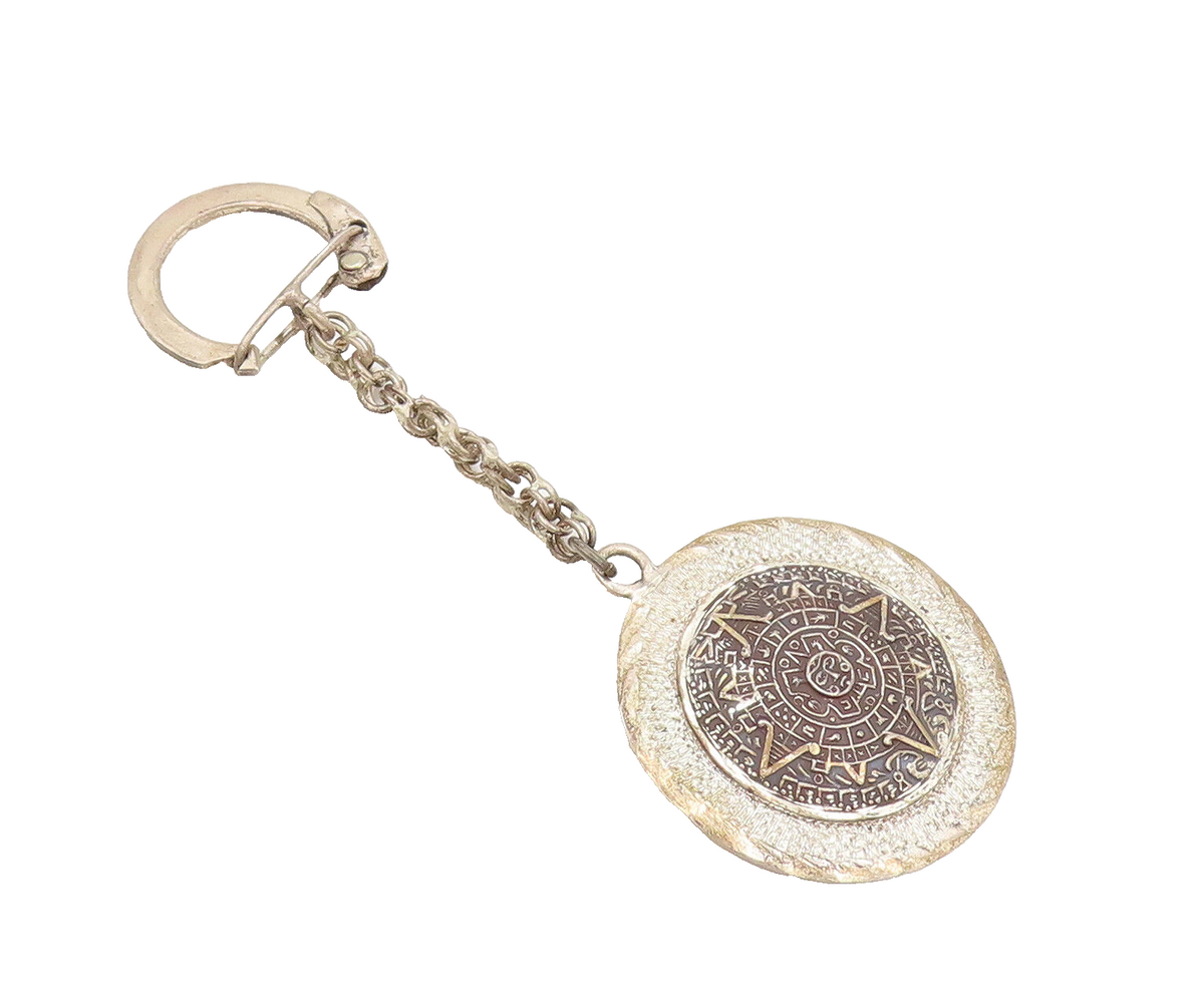 MEXICO 925 Silver  Vintage Aztec Round Carved Sun Calendar Keychain  TR3664