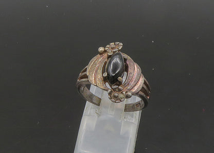 925 Sterling Silver  Vintage Black Onyx Floral Motif Band Ring Sz 6.5  RG21212