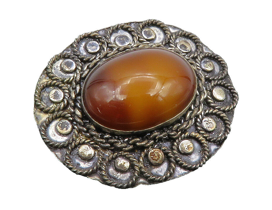 ISRAEL 925 Sterling Silver  Vintage Cabochon Cut Agate Swirl Brooch Pin BP4489