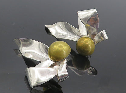 MEXICO 925 Silver Vintage Shiny 2 Tone Modernist Ribbon Drop Earrings EG3328
