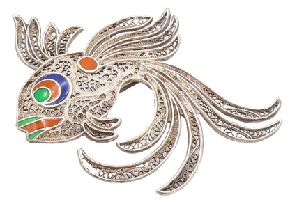 925 Sterling Silver Vintage Enamel & Filigree Detailed Fish Brooch Pin BP10107