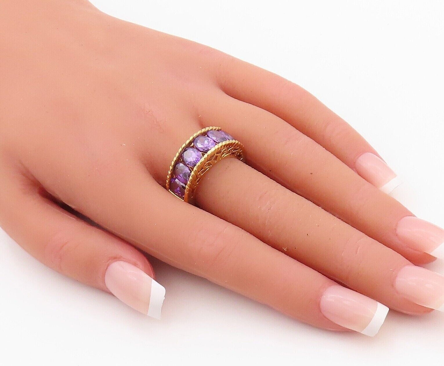 925 Sterling Silver Vintage Ring Gold Plated Carved Amethyst Band  Sz 7  RG30071