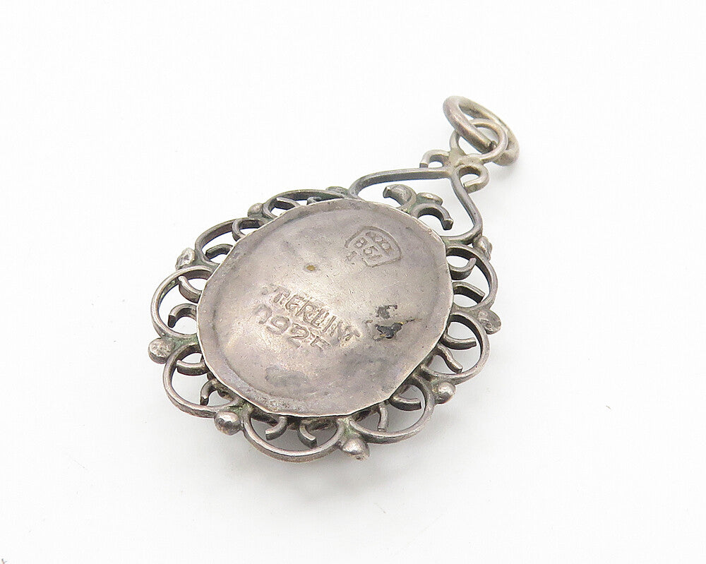 925 Sterling Silver  Vintage Faceted Hematite Swirl Border Pendant  PT8640