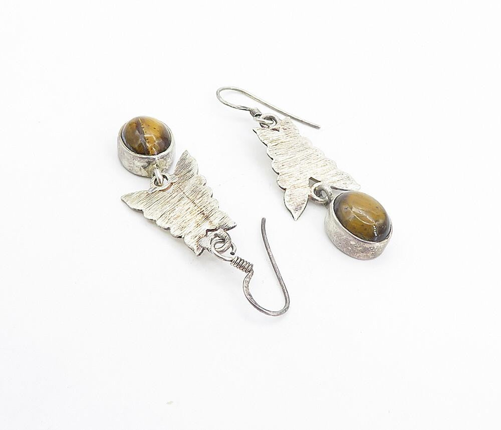 925 Sterling Silver  Vintage Tiger's Eye Butterfly Dangle Earrings  EG3638