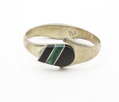 MEXICO 925 Silver  Vintage Black Onyx & Malachite Bangle Bracelet  BT1691