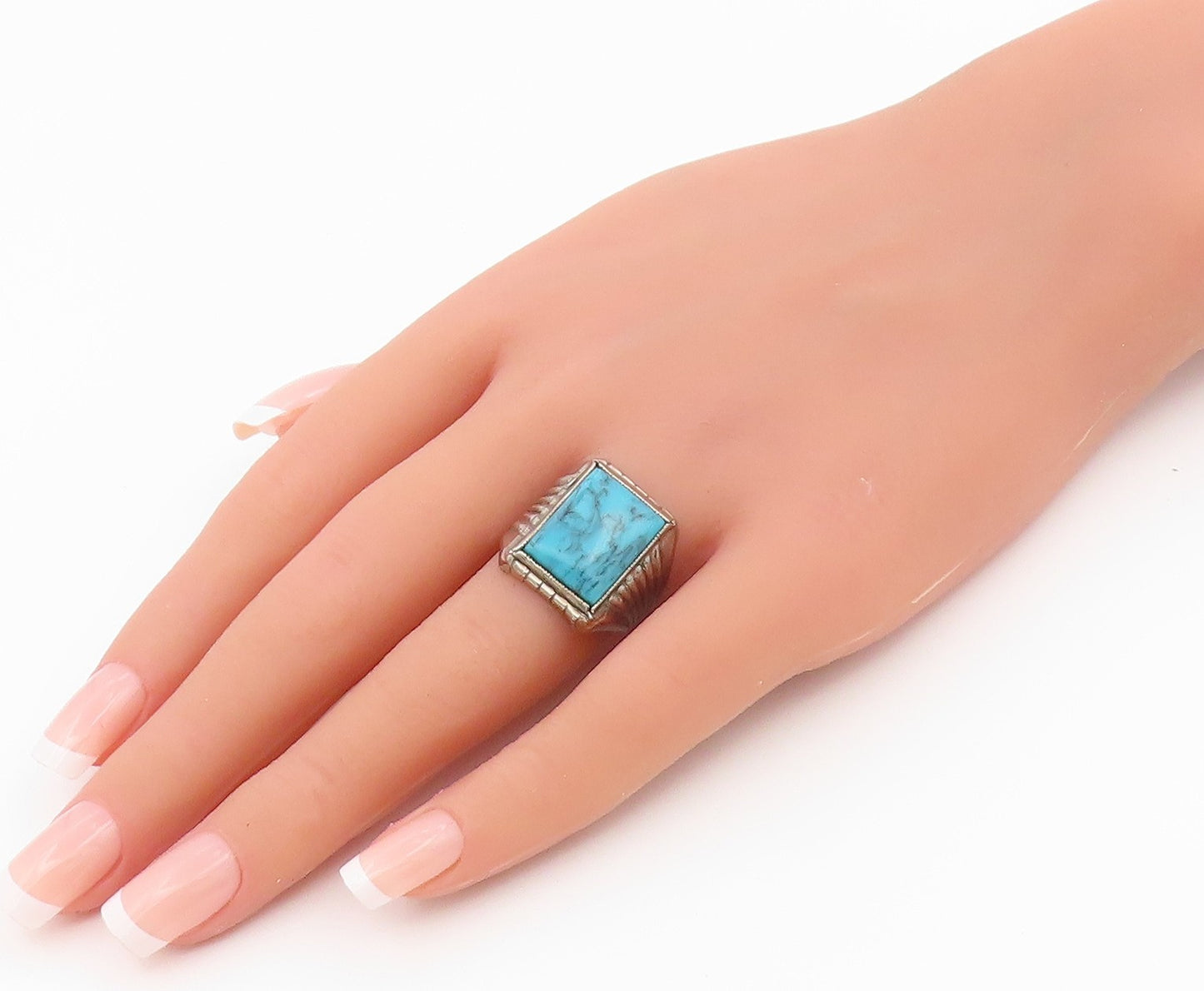 925 Sterling Silver Vintage Ring Turquoise Ribbed Statement Band  Sz 8  RG36634