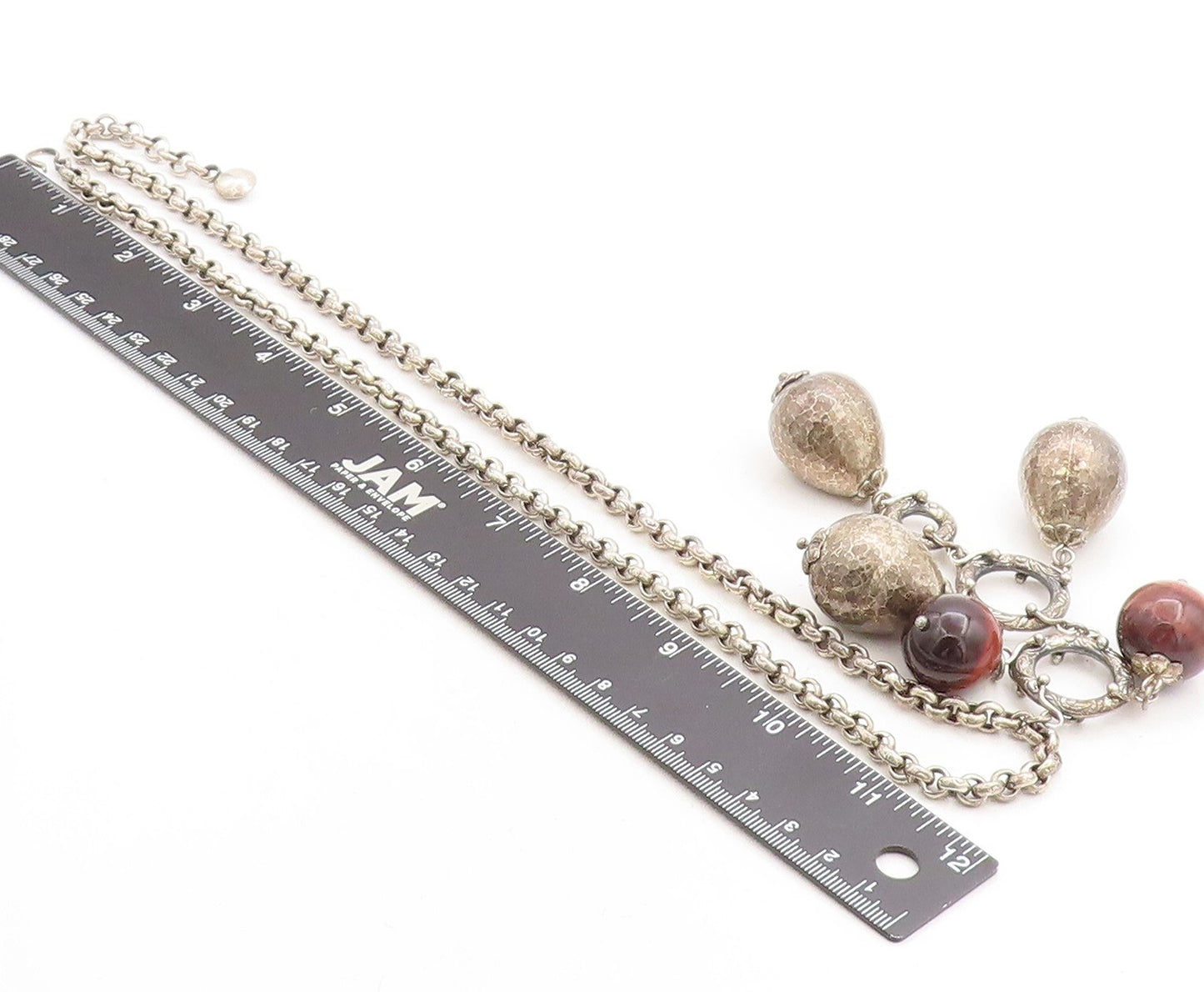 ILARIA 925 Silver Vintage Dangling Red Gemstone Chain Necklace  NE1769