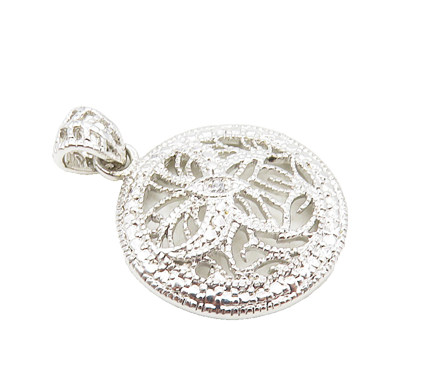925 Sterling Silver  Shiny Topaz Accented Floral Round Drop Pendant  PT7054