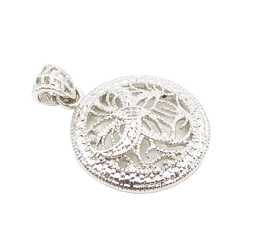 925 Sterling Silver  Shiny Topaz Accented Floral Round Drop Pendant  PT7054