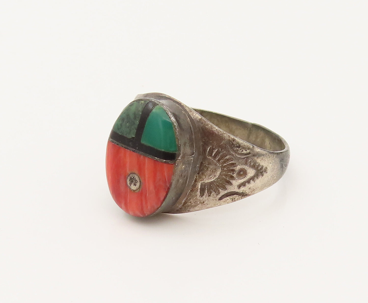 NAVAJO 925 Silver  Vintage Spiny Malachite & Jasper Ring Sz 9.5  RG26509