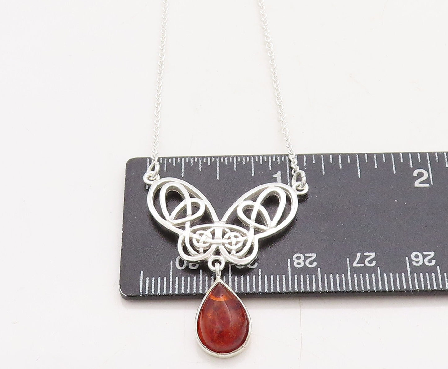 925 Sterling Silver  Cabochon Cut Amber Butterfly Thin Chain Necklace  NE1298