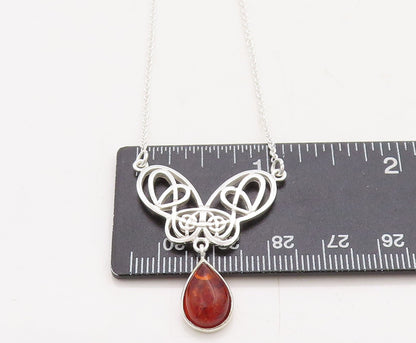 925 Sterling Silver  Cabochon Cut Amber Butterfly Thin Chain Necklace  NE1298