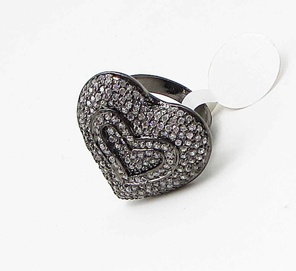 925 Silver  White Cubic Zirconia Dark Tone Love Heart Cluster Ring Sz 6  RG3259