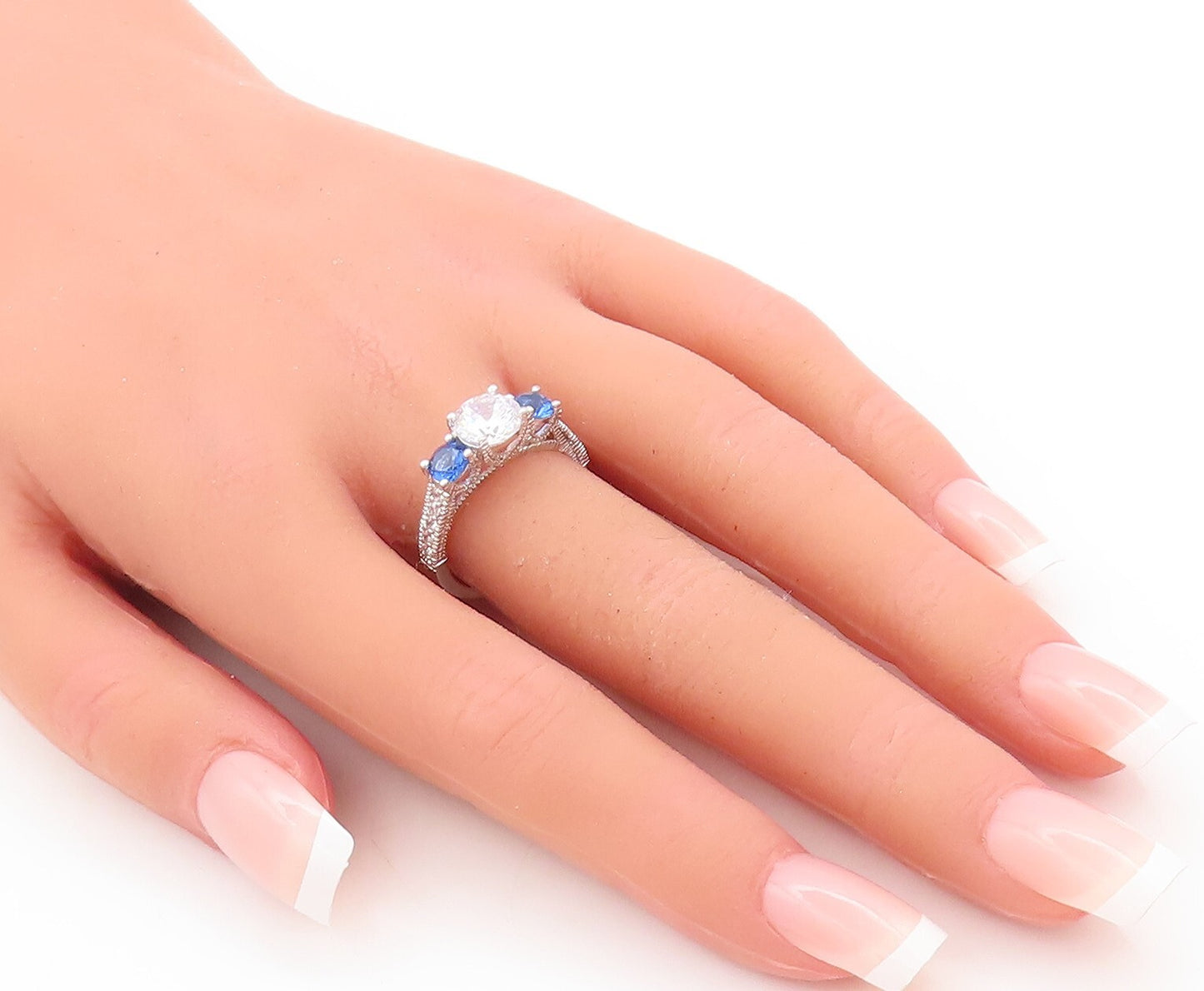 925 Sterling Silver Vintage Ring Round Sapphire & CZ Wedding Ring  Sz 7  RG29460