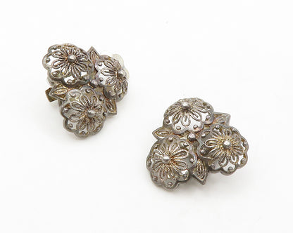 GERMANY 925 Silver  Vintage Dark Tone Floral Motif Non Pierce Earrings  EG7011