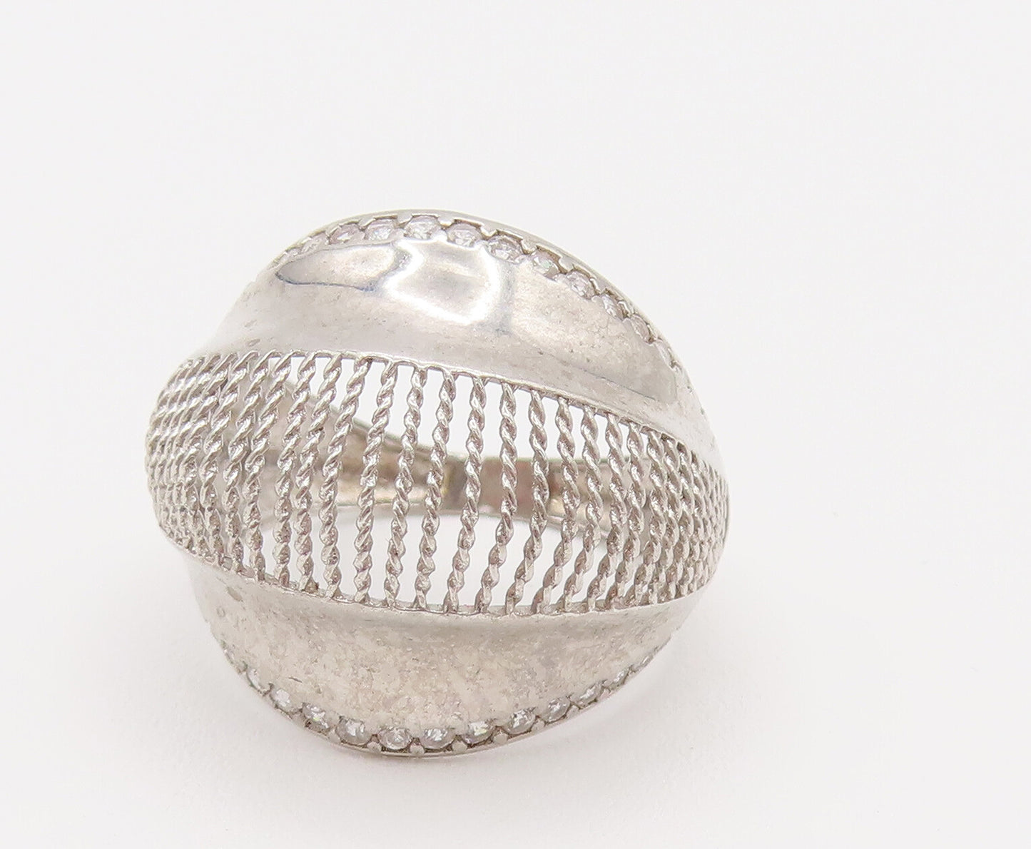925 Silver  Vintage Mesh & Cubic Zirconia Edge Dome Ring Sz 6.25  RG26186
