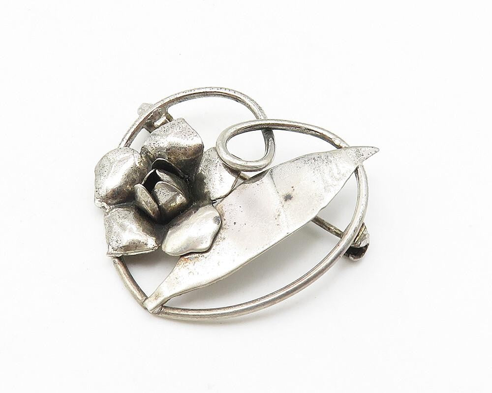 925 Sterling Silver  Vintage Dark Tone Sculpted Flower Heart Brooch Pin BP4238