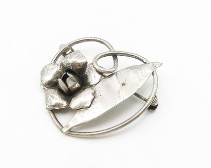 925 Sterling Silver  Vintage Dark Tone Sculpted Flower Heart Brooch Pin BP4238