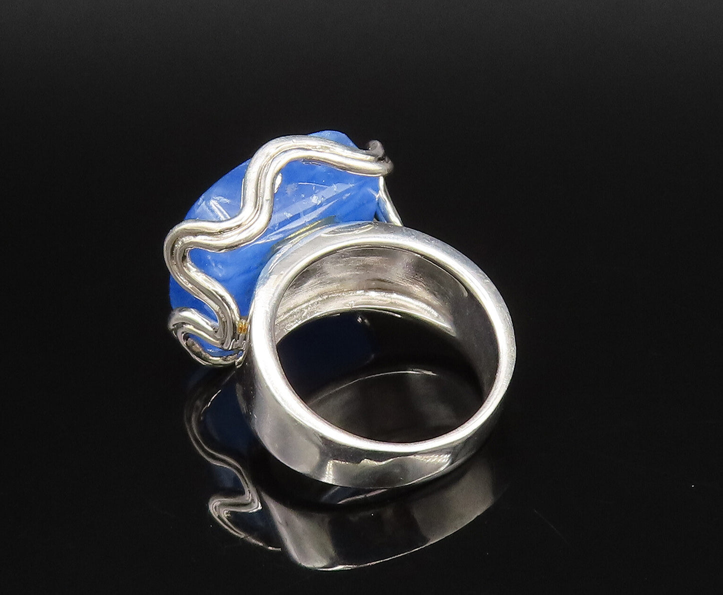 925 Silver  Vintage Unique Water Blue Agate Wavy Frame Ring Sz 7  RG26093