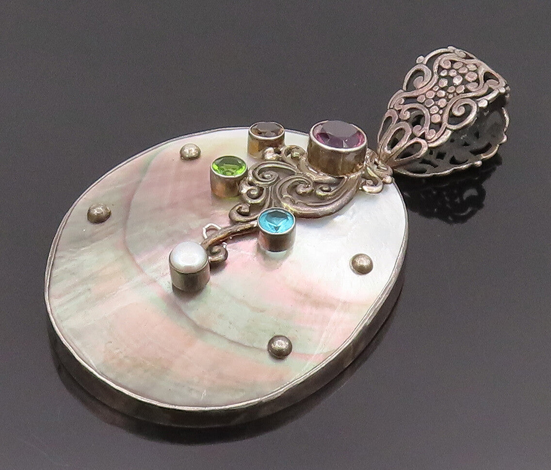925 Silver  Vintage Abalone Shell Pearl Amethyst Peridot Topaz Pendant PT22227