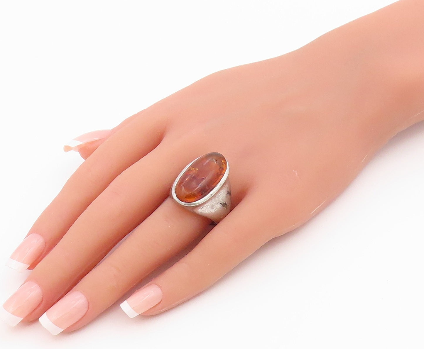 925 Sterling Silver Vintage Ring Classic Honey Amber Statement Band Sz 9 RG36431