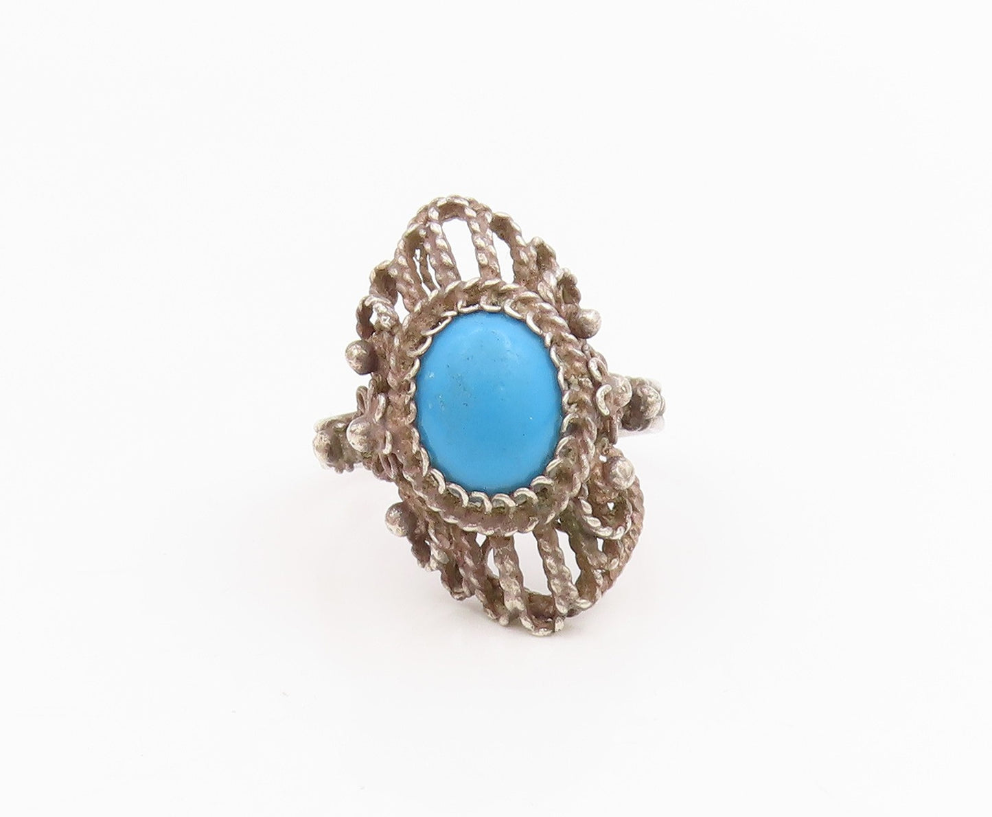 925 Sterling Silver Vintage Ring Oval Turquoise Bohemian Style  Sz 7.5  RG34181