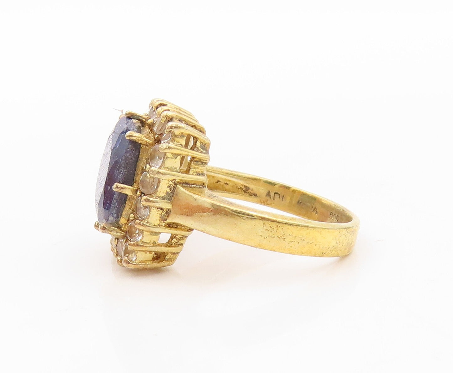 925 Sterling Silver Vintage Ring Gold Plated Gemstone Halo CZ  Sz 6  RG30191