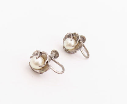 925 Sterling Silver Vintage Earrings Designer Dark Tone Pearl Studs  EG13445