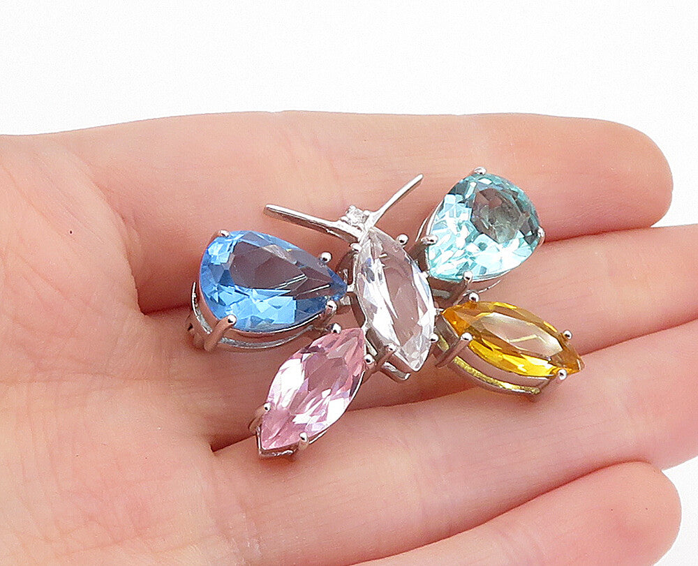 925 Sterling Silver Multi Color Topaz Shiny Butterfly Brooch Pin BP2060