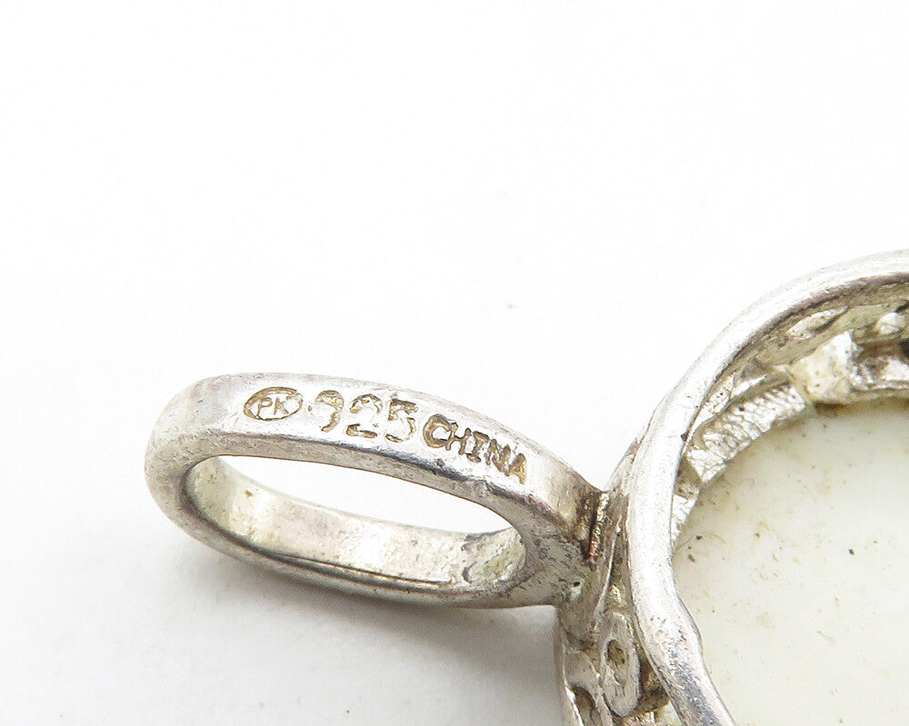 925 Sterling Silver  Vintage Mother Of Pearl Circle Pattern Pendant  PT7298