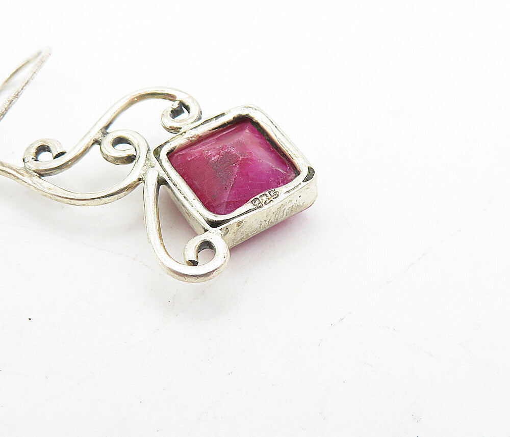 925 Sterling Silver Vintage Ruby Shiny Swirl Design Dangle Earrings EG3475