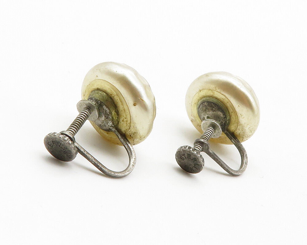 925 Sterling Silver  Vintage Pearl Non Pierce Screw Back Earrings  EG6422