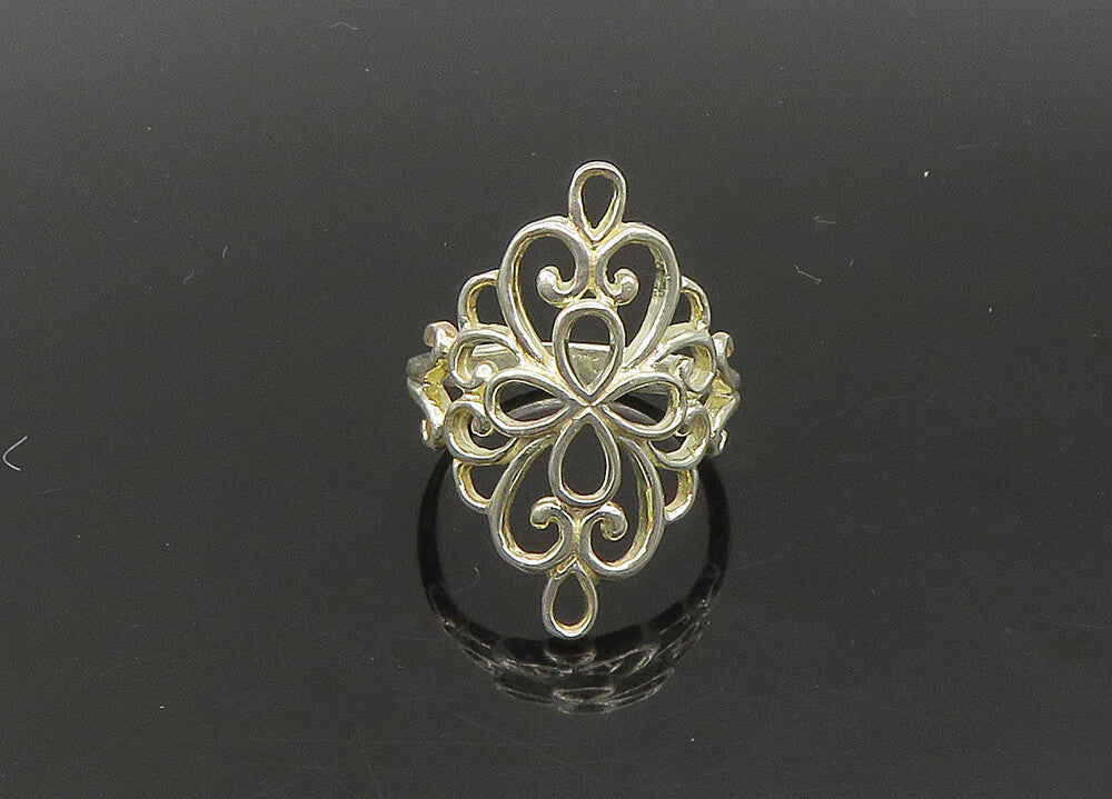 925 Sterling Silver  Vintage Shiny Open Floral Motif Band Ring Sz 8.5  RG23190