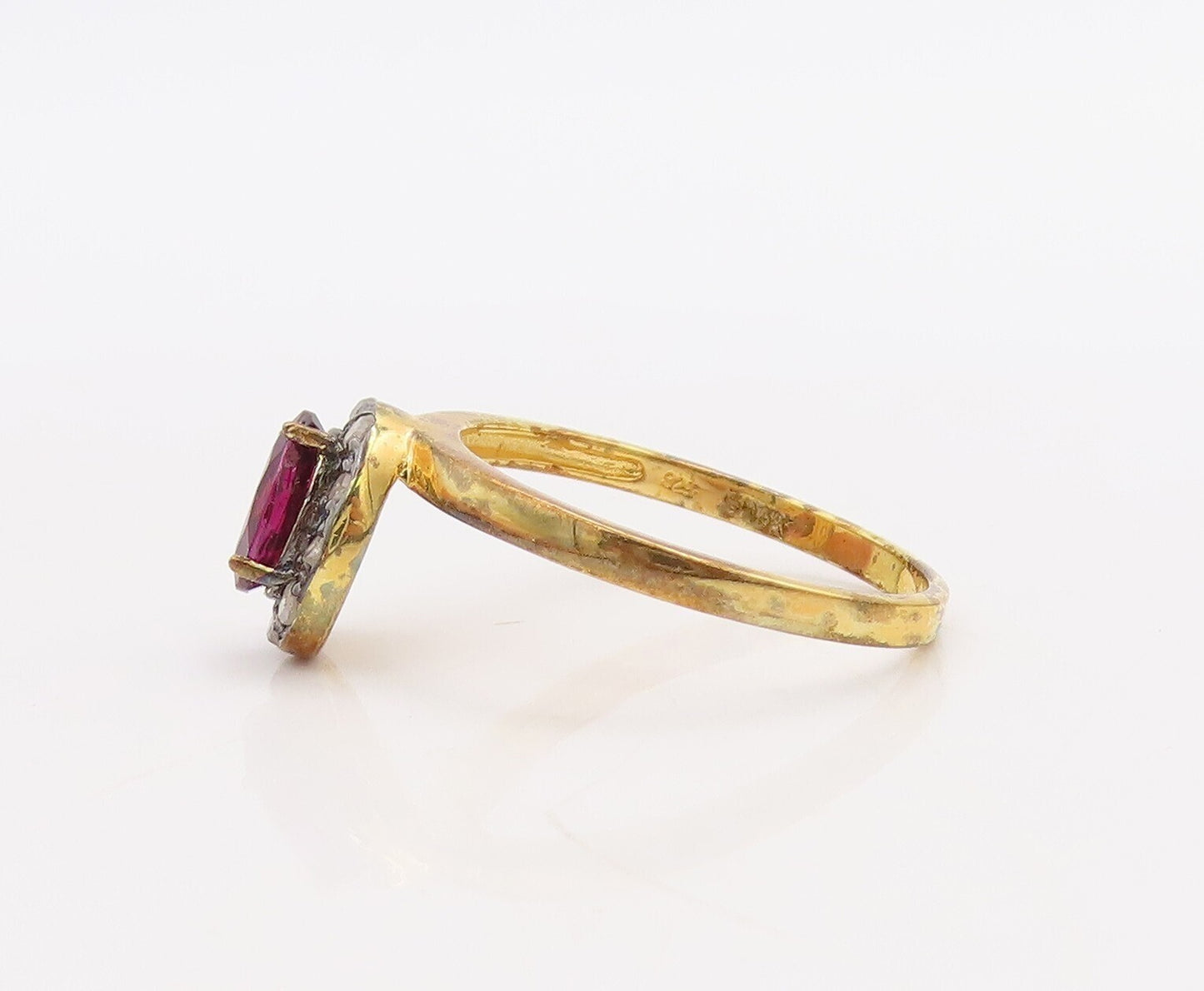 925 Sterling Silver Vintage Ring Gold Plated Diamonds & Gemstones  Sz 8  RG30536