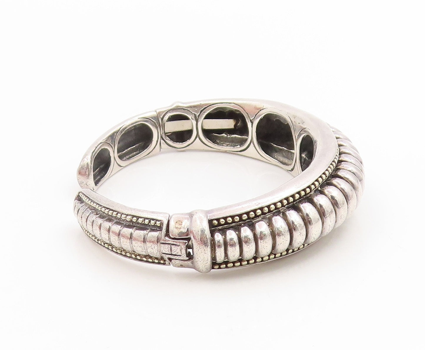 925 Sterling Silver Vintage Bracelet Modernist Solid Ribbed Beaded Cuff  BT12014