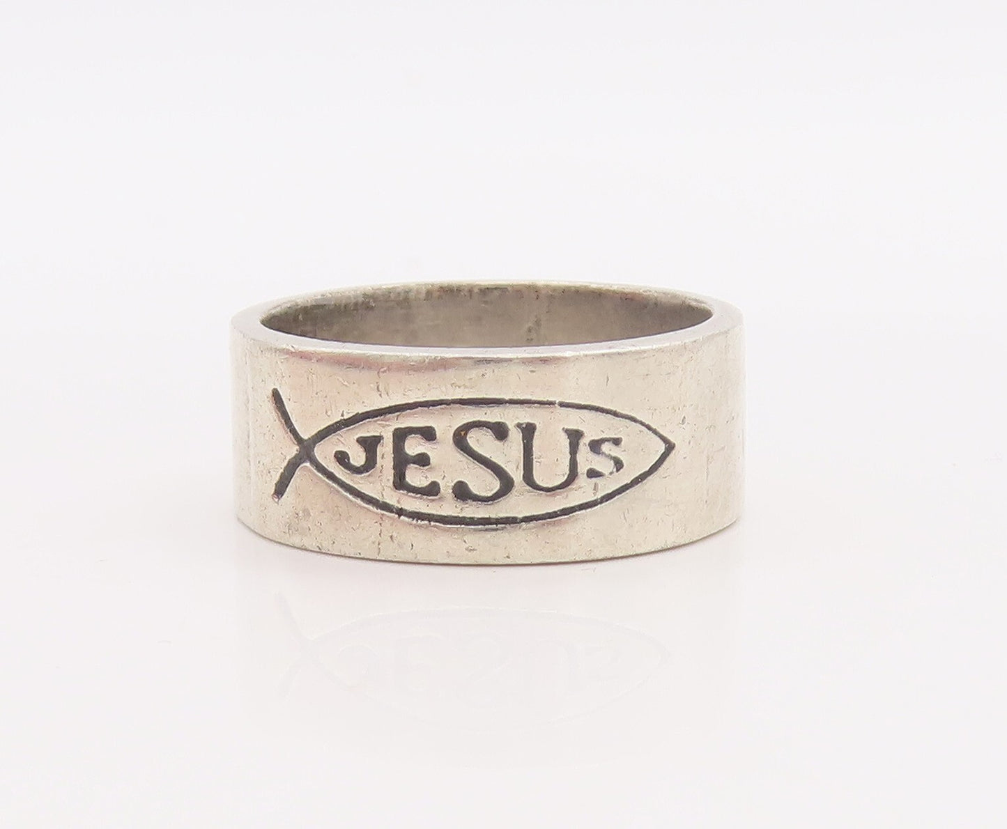 925 Sterling Silver Vintage Ring MEXICO Etched Fish Jesus  Sz 9  RG28897