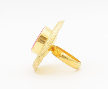 925 Sterling Silver Vintage Ring Gold Plated Pink Druzy Stone Sz 8  RG27983