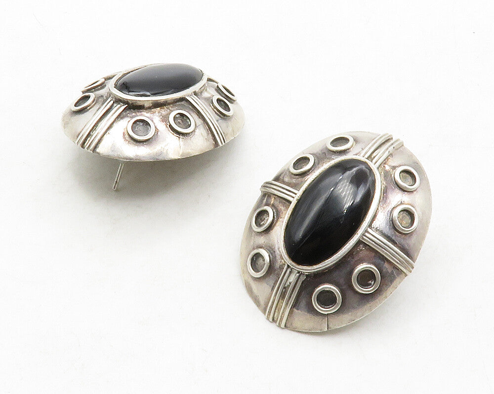 925 Sterling Silver  Vintage Cabochon Cut Black Onyx Dome Drop Earrings EG6676