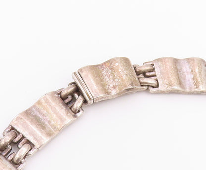 925 Sterling Silver Vintage Necklace Modernist Textured Wave Panel Choker NE4887