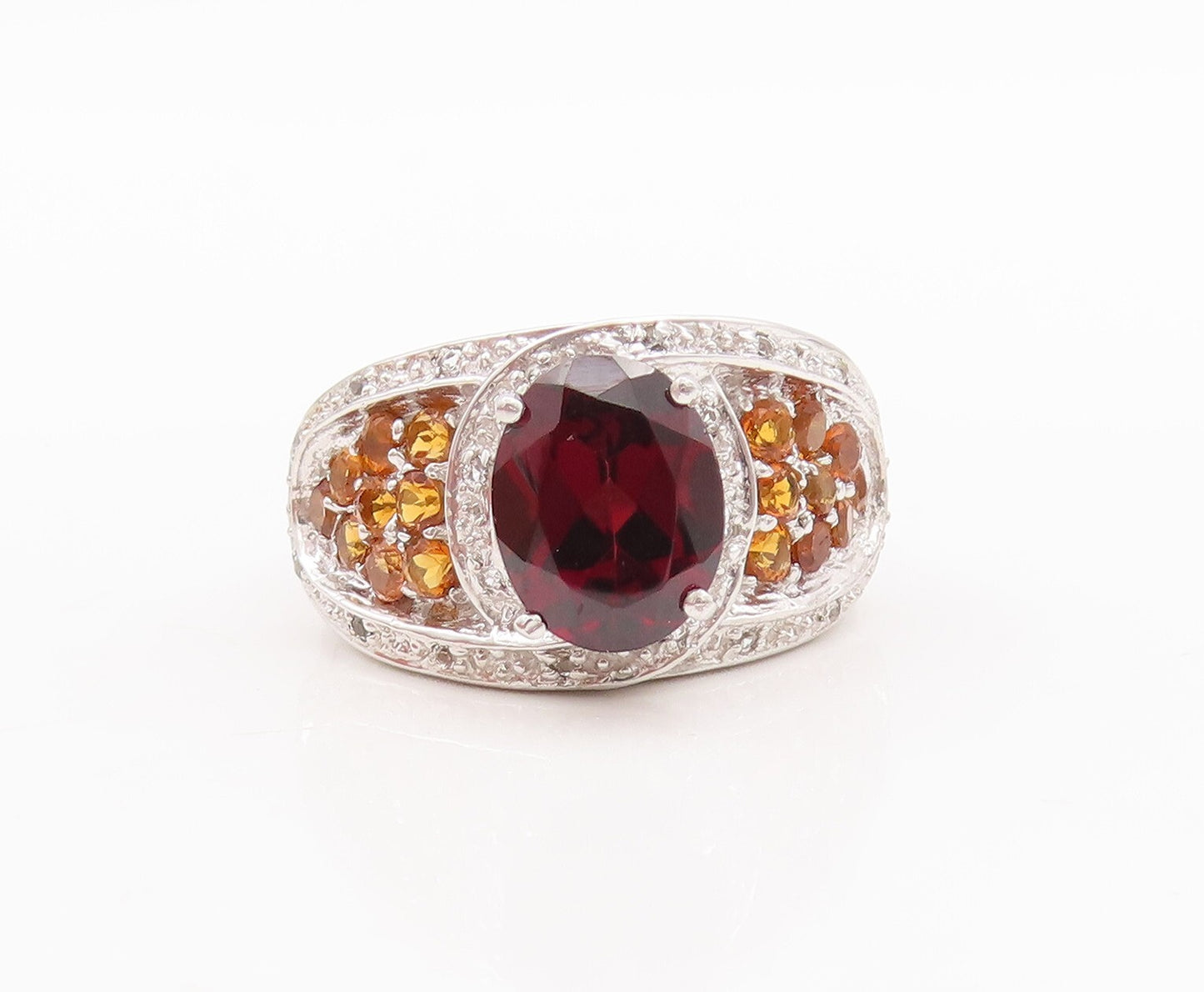 925 Sterling Silver Vintage Ring Oval Garnet Citrine & Topaz Inlay Sz 7  RG29455