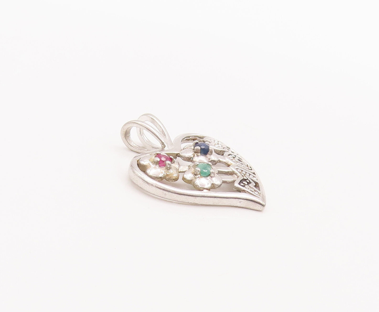 925 Sterling Silver Vintage Pendant Cutout Floral Topaz Heart For Mom  PT22627