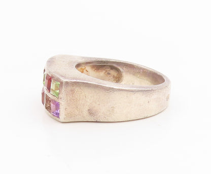 925 Sterling Silver Vintage Ring Multi Gemstone Geometric Band  Sz 7.5  RG34828