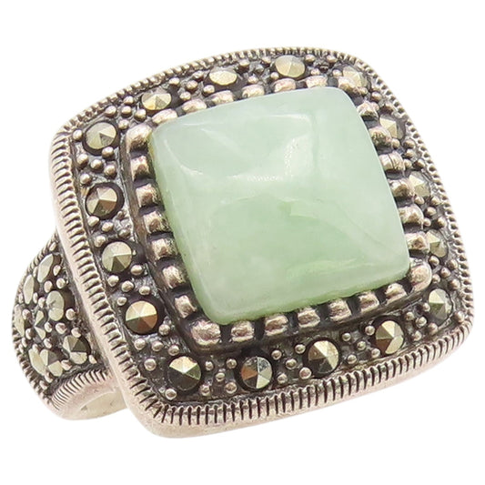925 Sterling Silver Vintage Ring Jade & Marcasite Statement Band  Sz 7  RG36813
