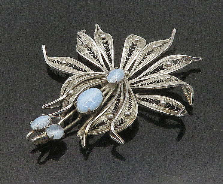 ENZELL 925 Silver  Vintage Blue Cat's Eye Stone Filigree Brooch Pin  BP7139