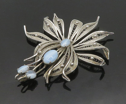 ENZELL 925 Silver  Vintage Blue Cat's Eye Stone Filigree Brooch Pin  BP7139