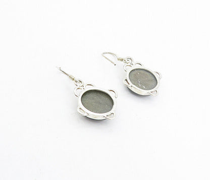 925 Sterling Silver  Vintage Grey Jasper Round Shiny Drop Earrings  EG3467