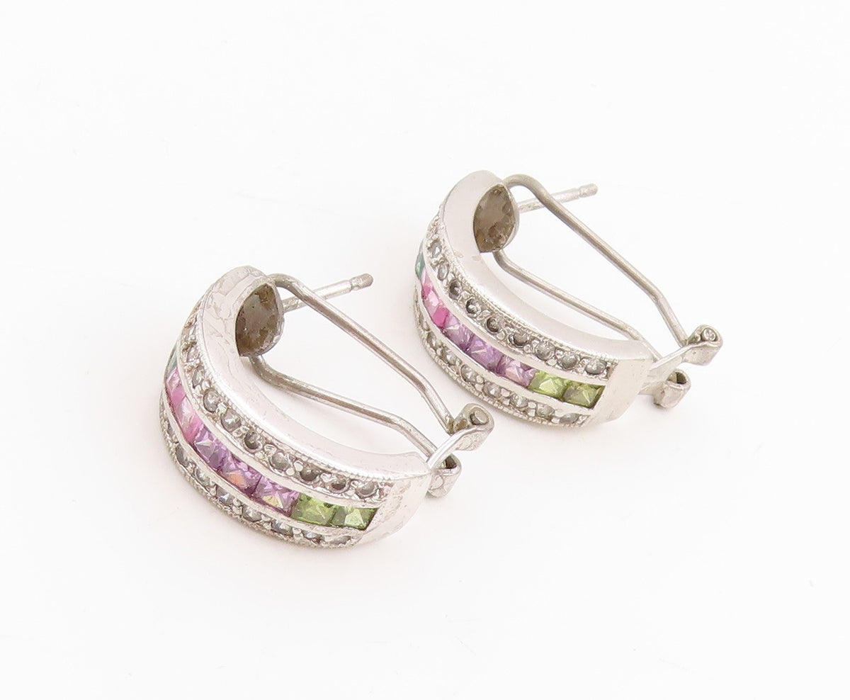 925 Sterling Silver Vintage Earrings Multi Gemstone Channel Set Hoops  EG13740
