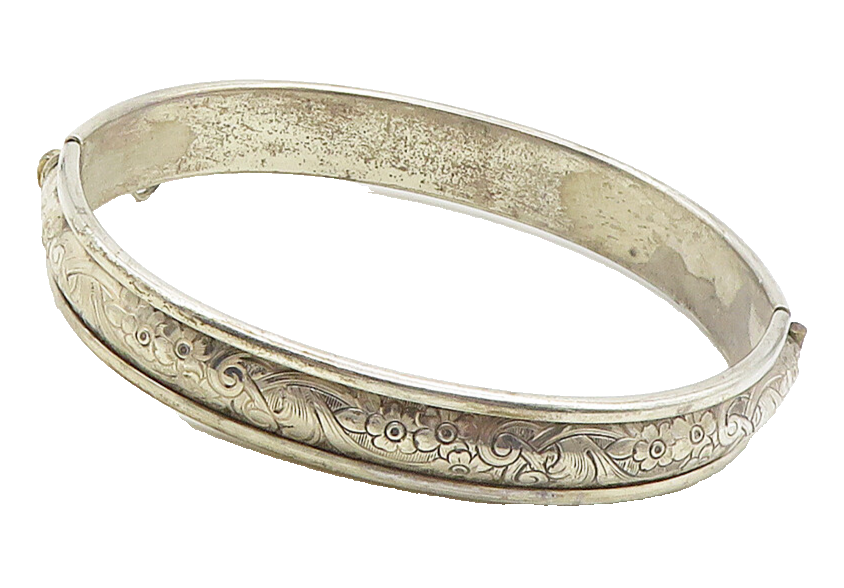 925 Sterling Silver  Vintage Floral Vine Motif Hinge Bangle Bracelet  BT6172